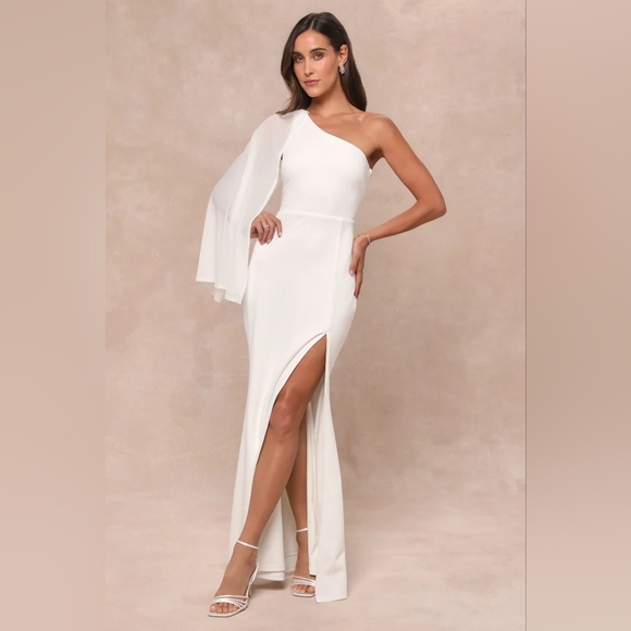 Lulus Majestic Attitude White Cape Sleeve One-Shoulder Maxi Dress S Wedding - Picture 2 of 11